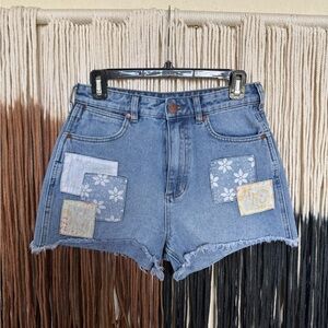 Wrangler x Billabong high waisted shorts with floral patchwork details